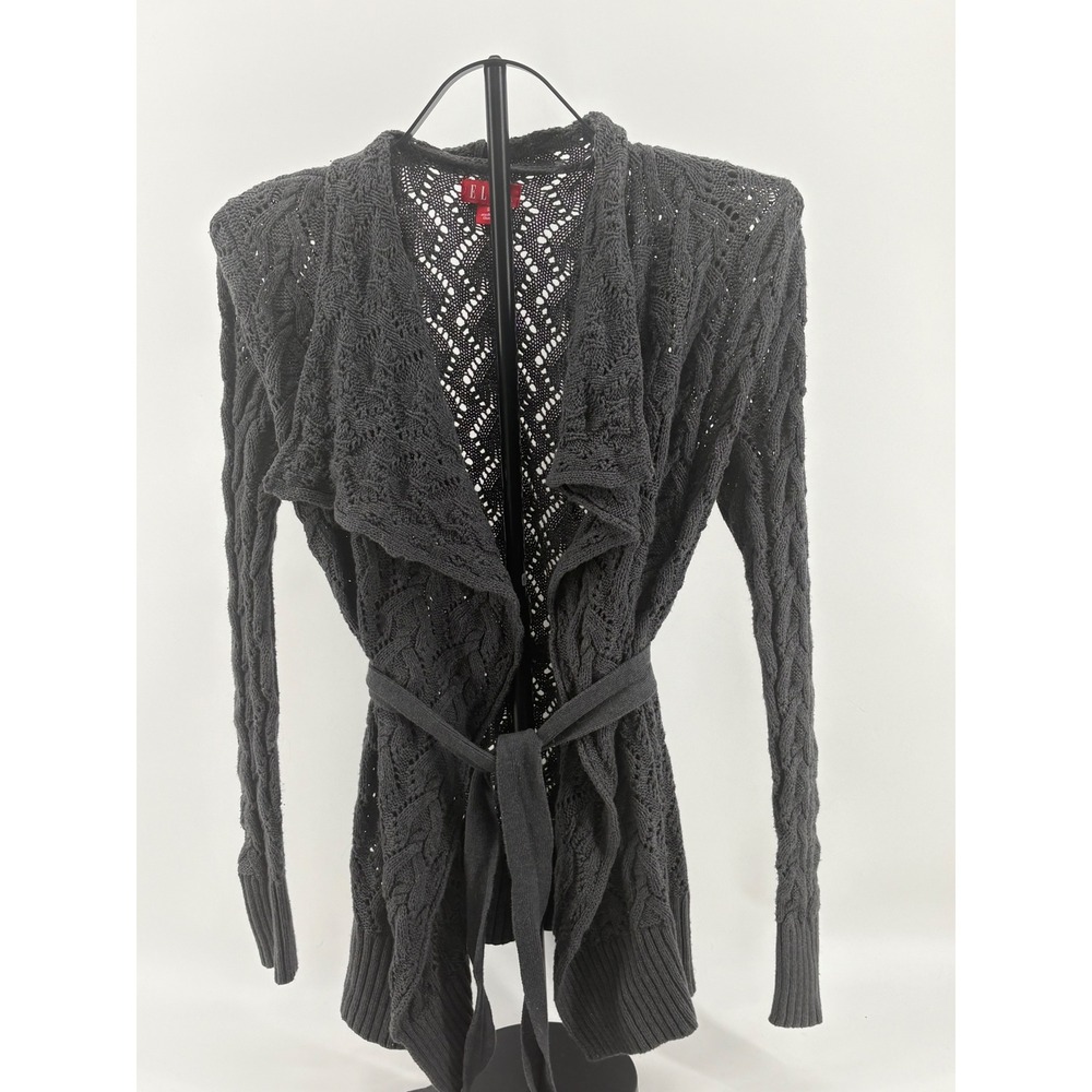 VTG Y2K Elle Knit Duster Cardigan Sweater Charcoal Gray Chunky Cable Knit Wrap S
